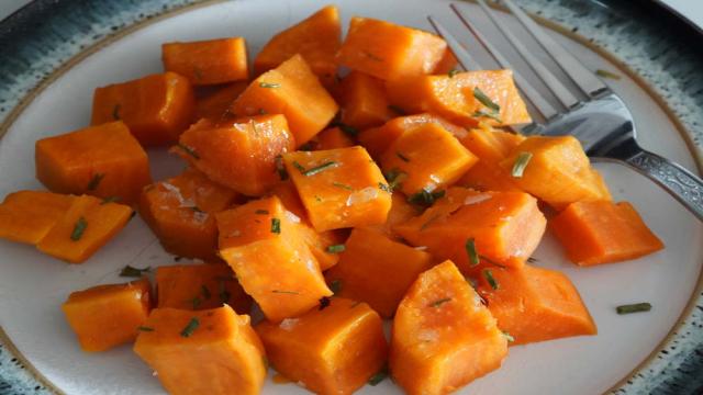 Cubed sweet potatoes on a plate