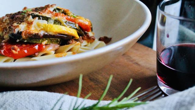 baked ratatouille serving with pasta